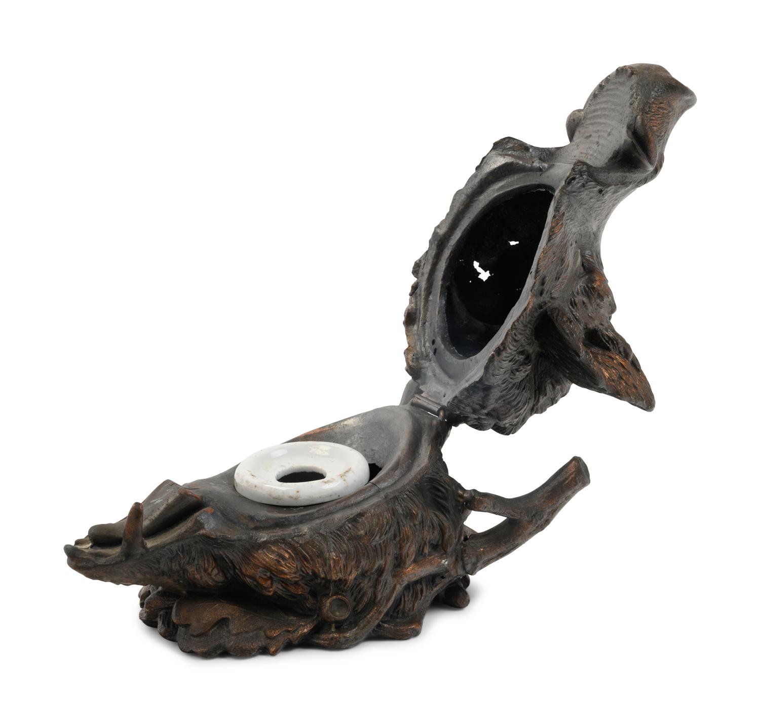 A French Patinated Metal Boar's Head Ink Stand After Christophe Fratin (French, 1801-1864)