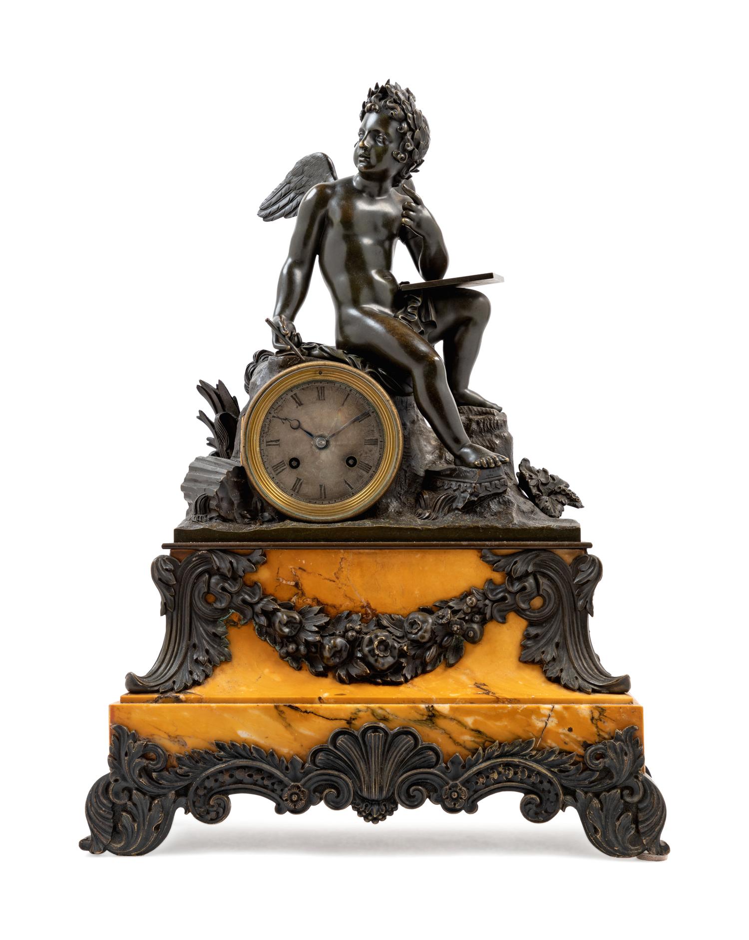 A Louis Philippe Bronze and Marble Figural Mantel Clock