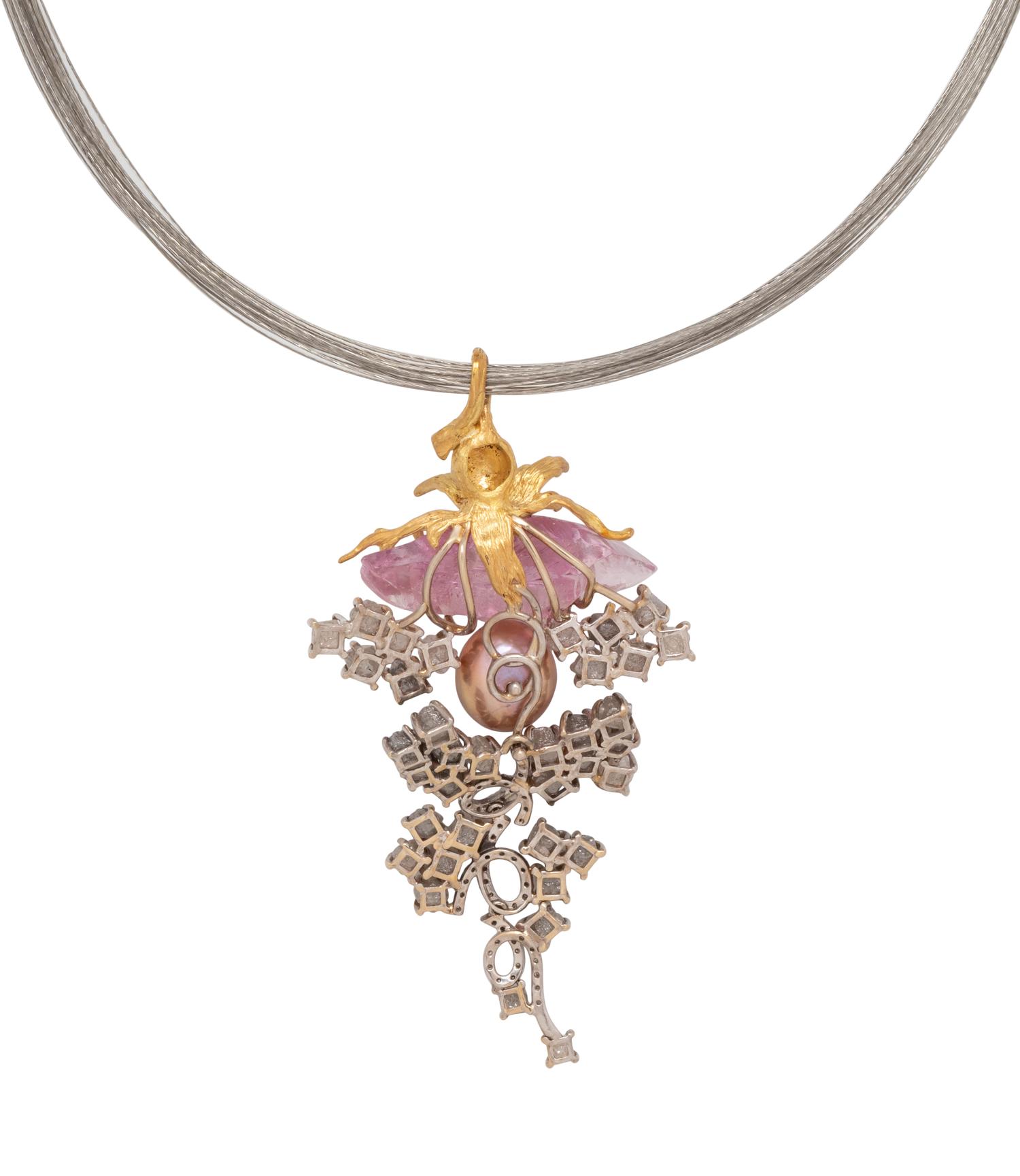 ANGELA CONTY, ROUGH KUNZITE, PINK PEARL AND ROUGH DIAMOND PENDANT/NECKLACE
