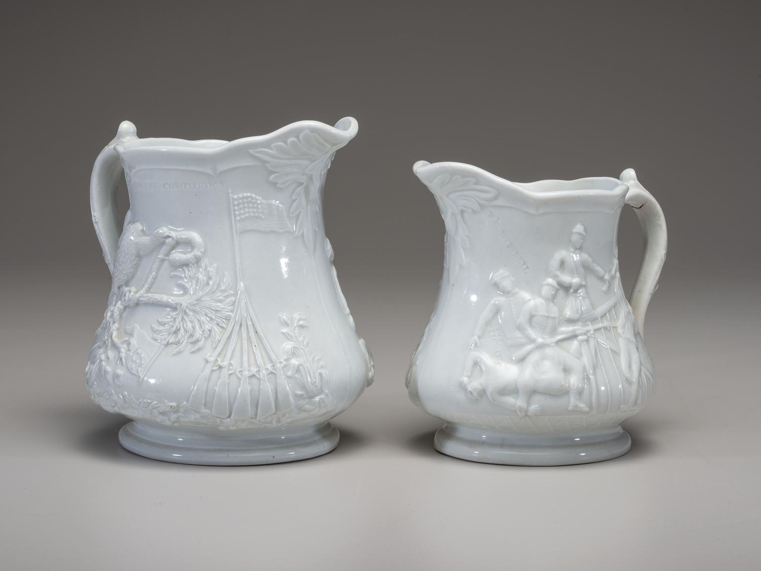 Two Millington, Astbury and Poulson White Glazed Molded Porcelain 'Colonel Elmer Ellsworth' Commemorative Pitchers