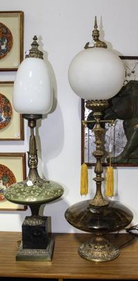 Two Associated Mid Century Glass and Brass Table Lamps. Height of tallest without shade 34 inches.