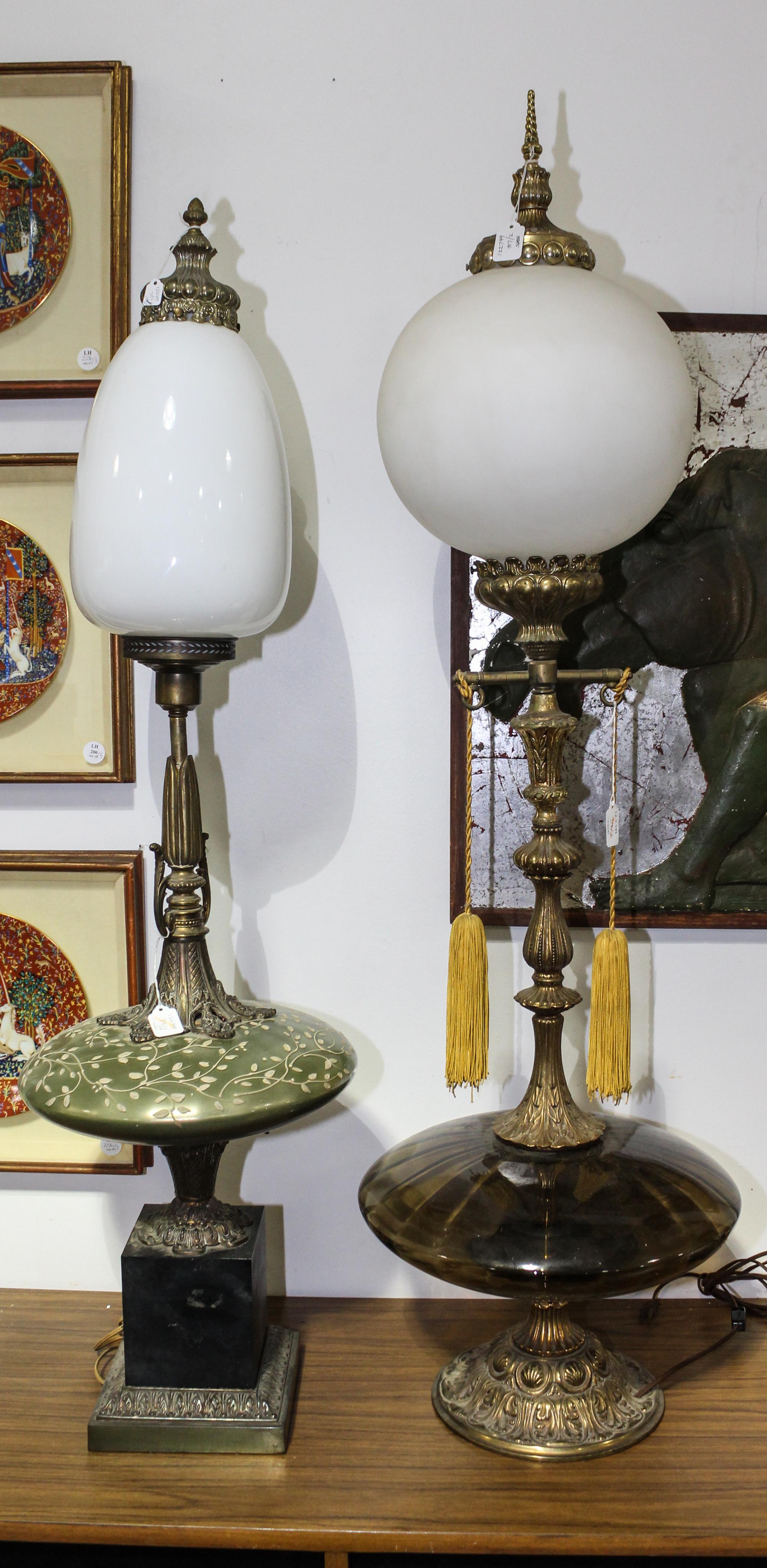 Two Associated Mid Century Glass and Brass Table Lamps. Height of tallest without shade 34 inches.