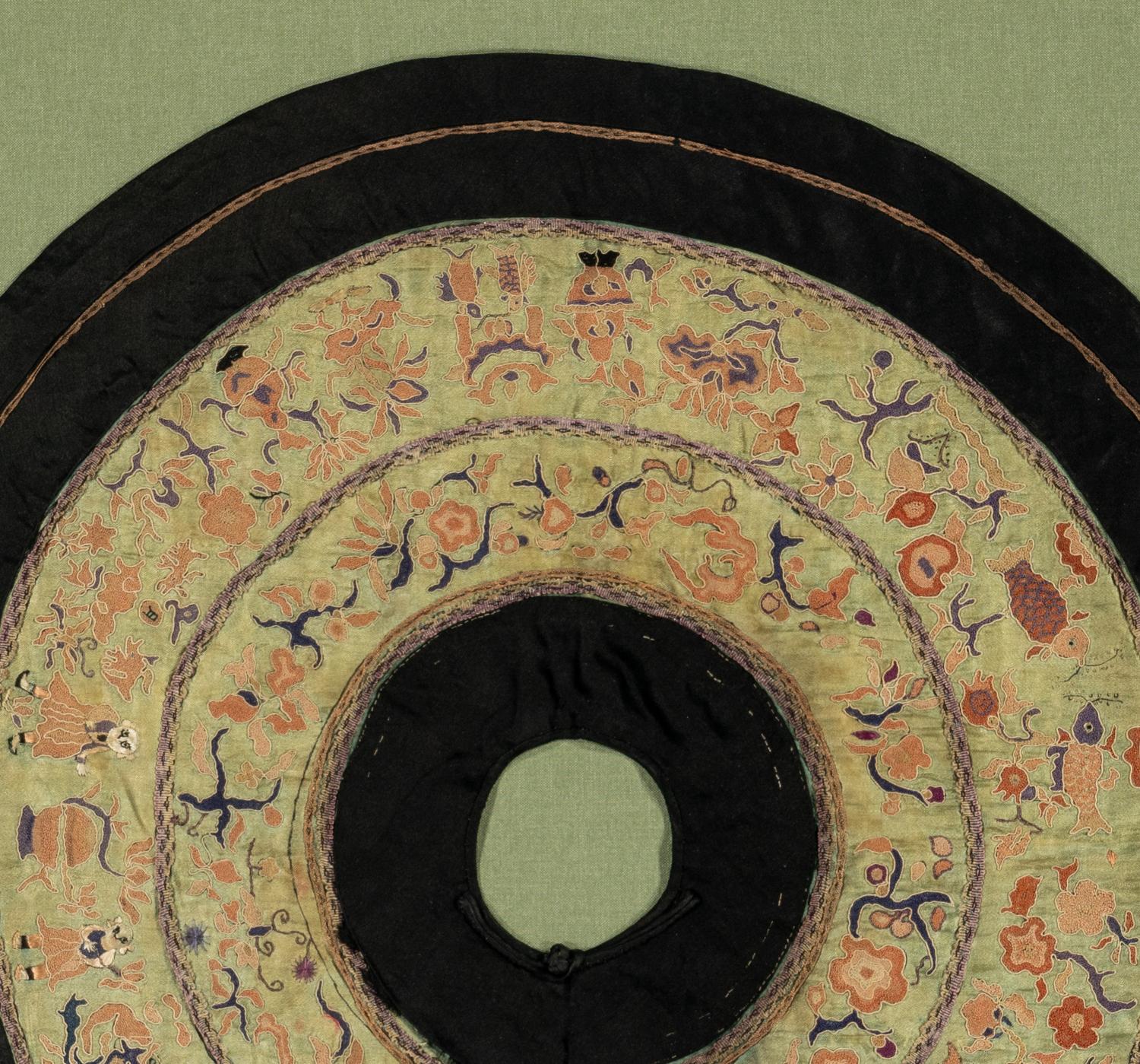 A Chinese Embroidered Silk Collar, Qing Dynasty 清 蘋果綠緞地打籽綉八寶紋云肩