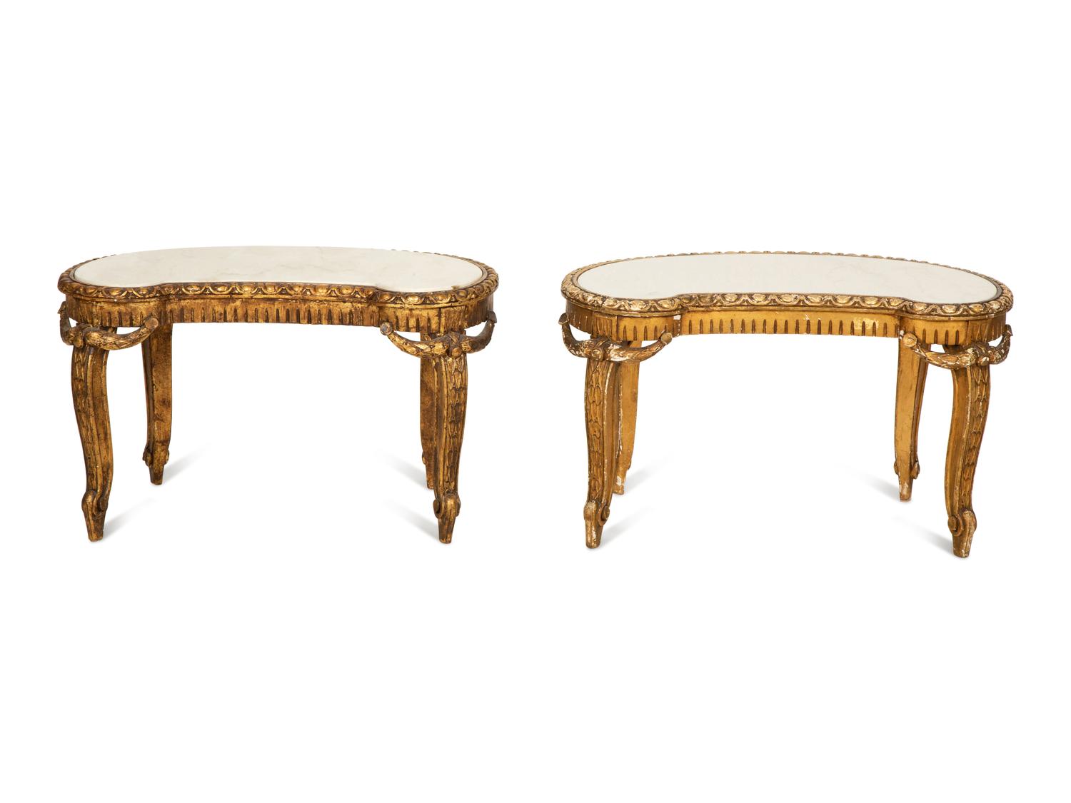 A Pair of Continental Giltwood Marble-Top Reniform Side Tables — 20th Century