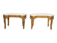 A Pair of Continental Giltwood Marble-Top Reniform Side Tables — 20th Century