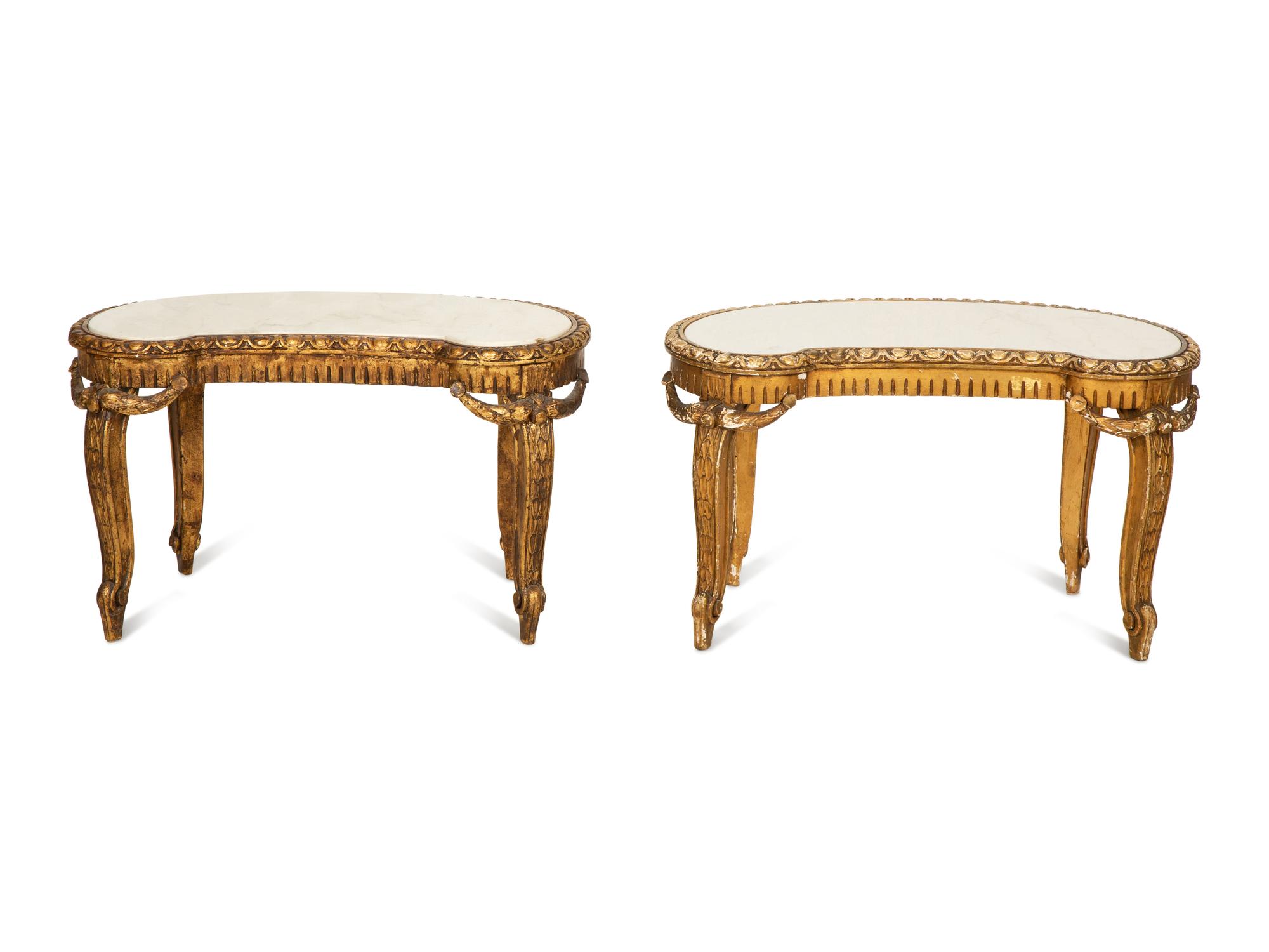 A Pair of Continental Giltwood Marble-Top Reniform Side Tables — 20th Century
