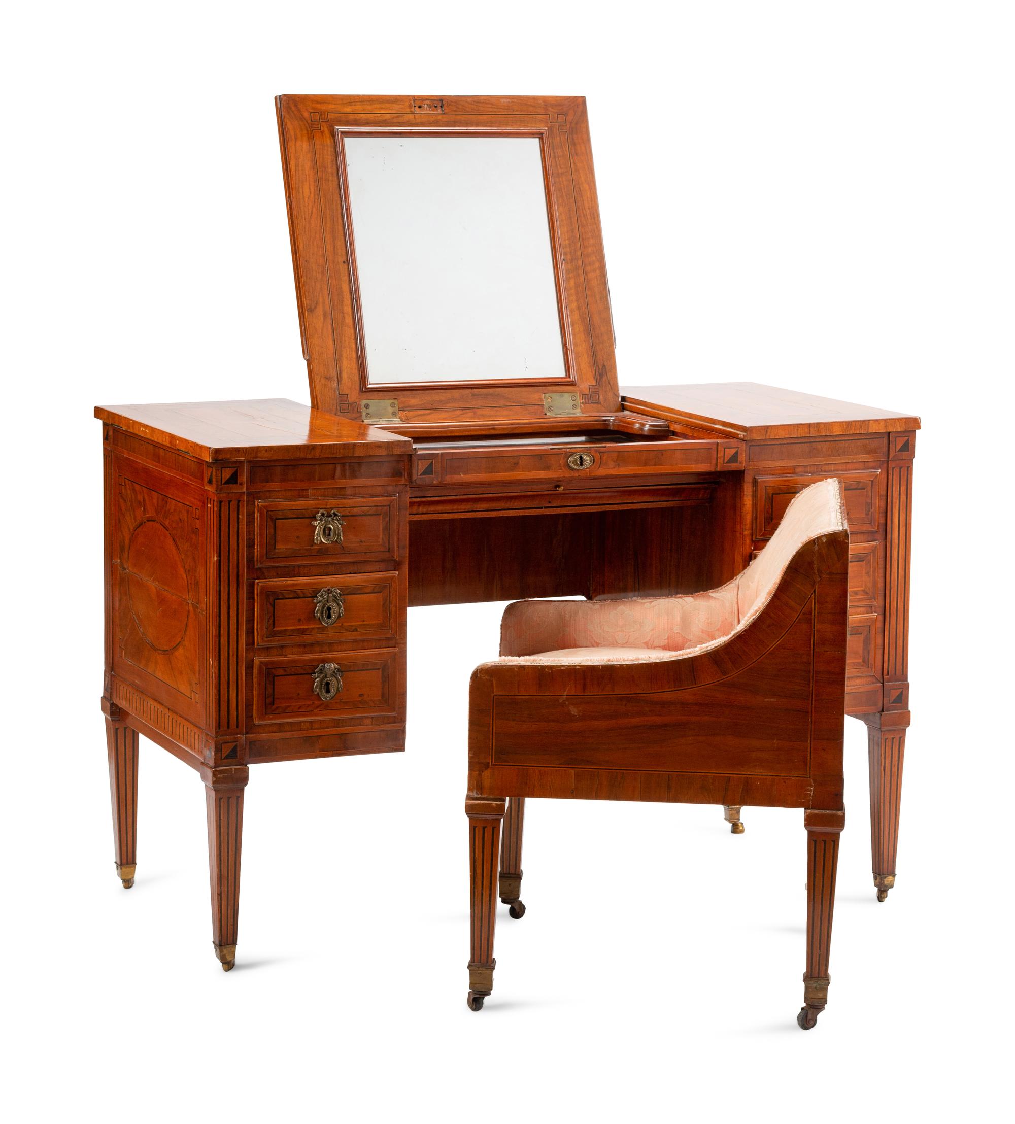 An Italian Walnut and Marquetry Mechanical Dressing Table with an Integrated Chair