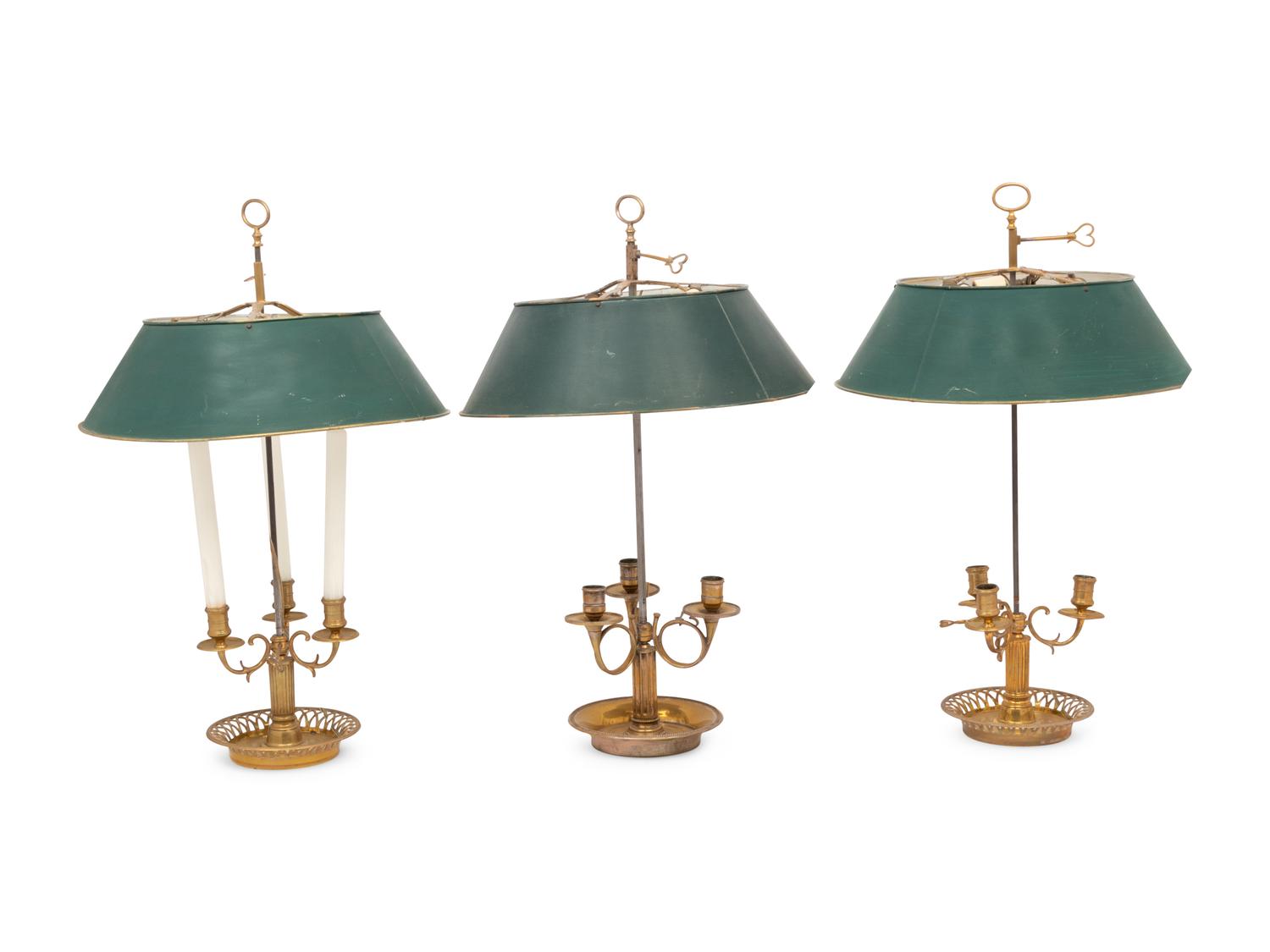 Three French Brass Bouillotte Lamps with Tôle Shades