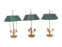 Three French Brass Bouillotte Lamps with Tôle Shades
