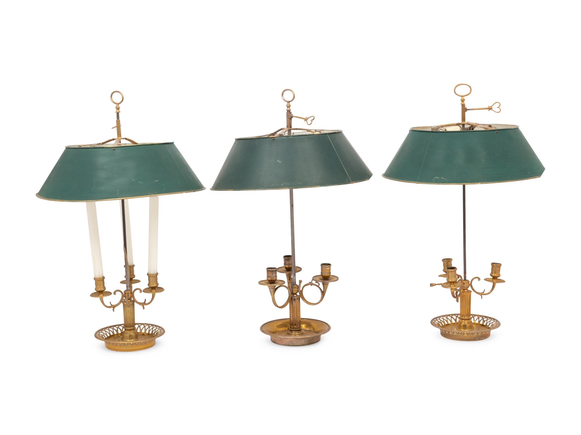 Three French Brass Bouillotte Lamps with Tôle Shades