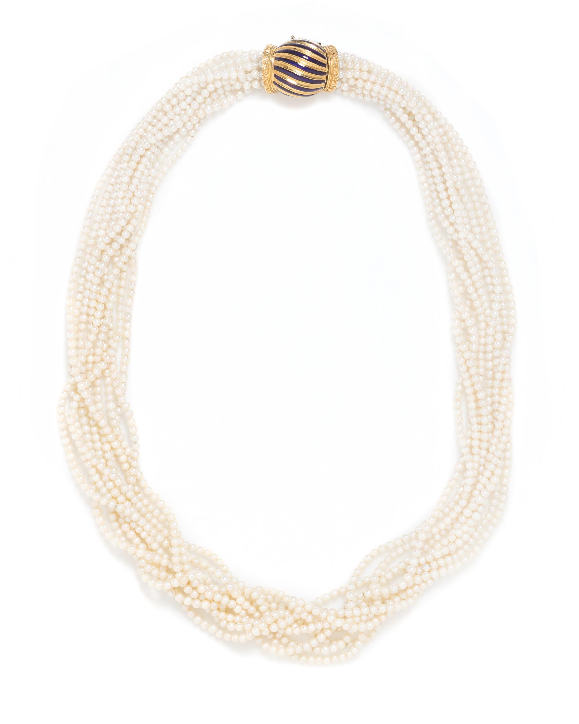 An 18 Karat Yellow Gold, Enamel and Cultured Pearl Torsade Necklace, Merrin,