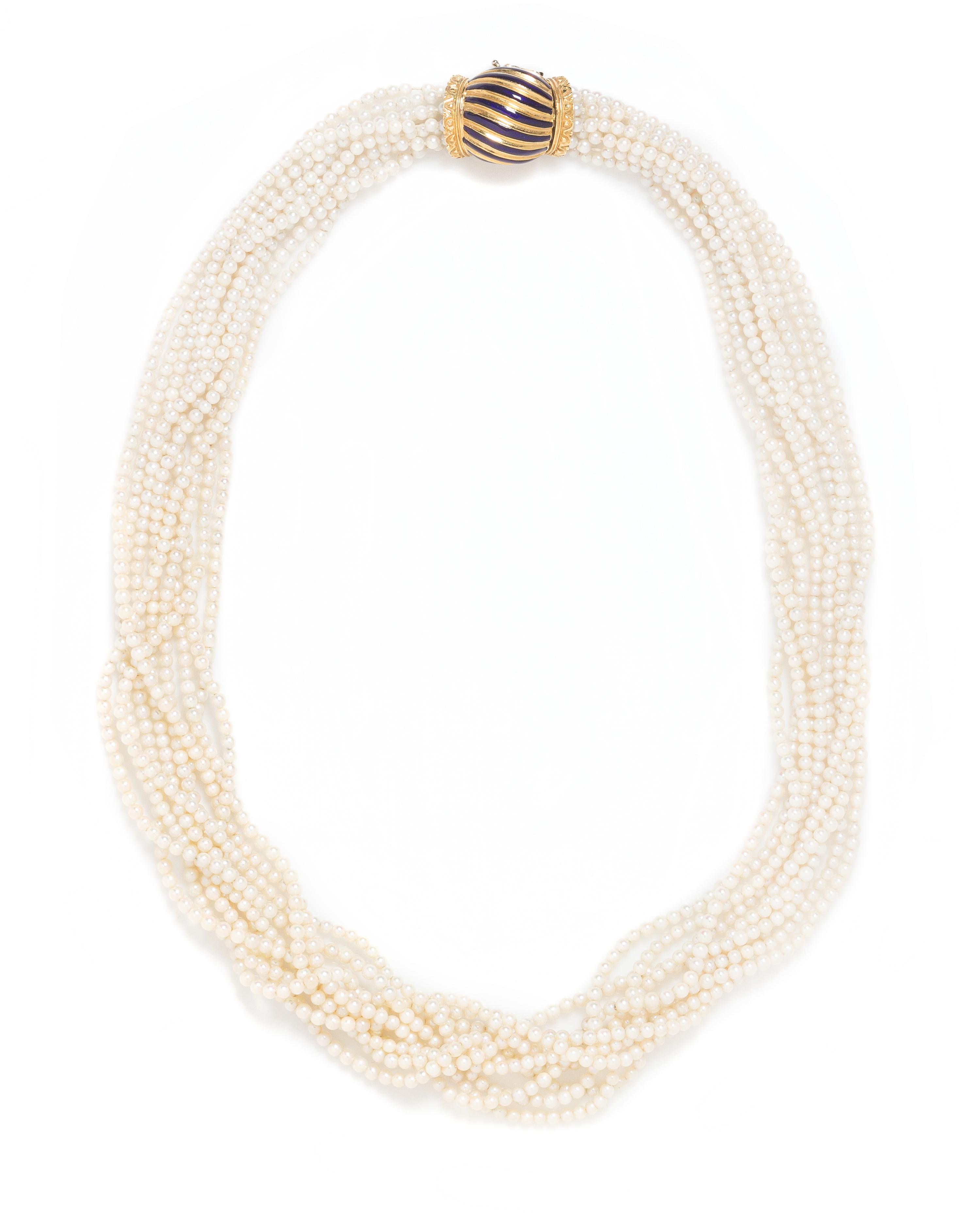 An 18 Karat Yellow Gold, Enamel and Cultured Pearl Torsade Necklace, Merrin,