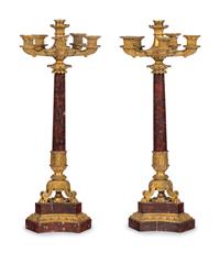 A Pair of Regency Gilt Bronze and Red Marble Five-Light Candelabra