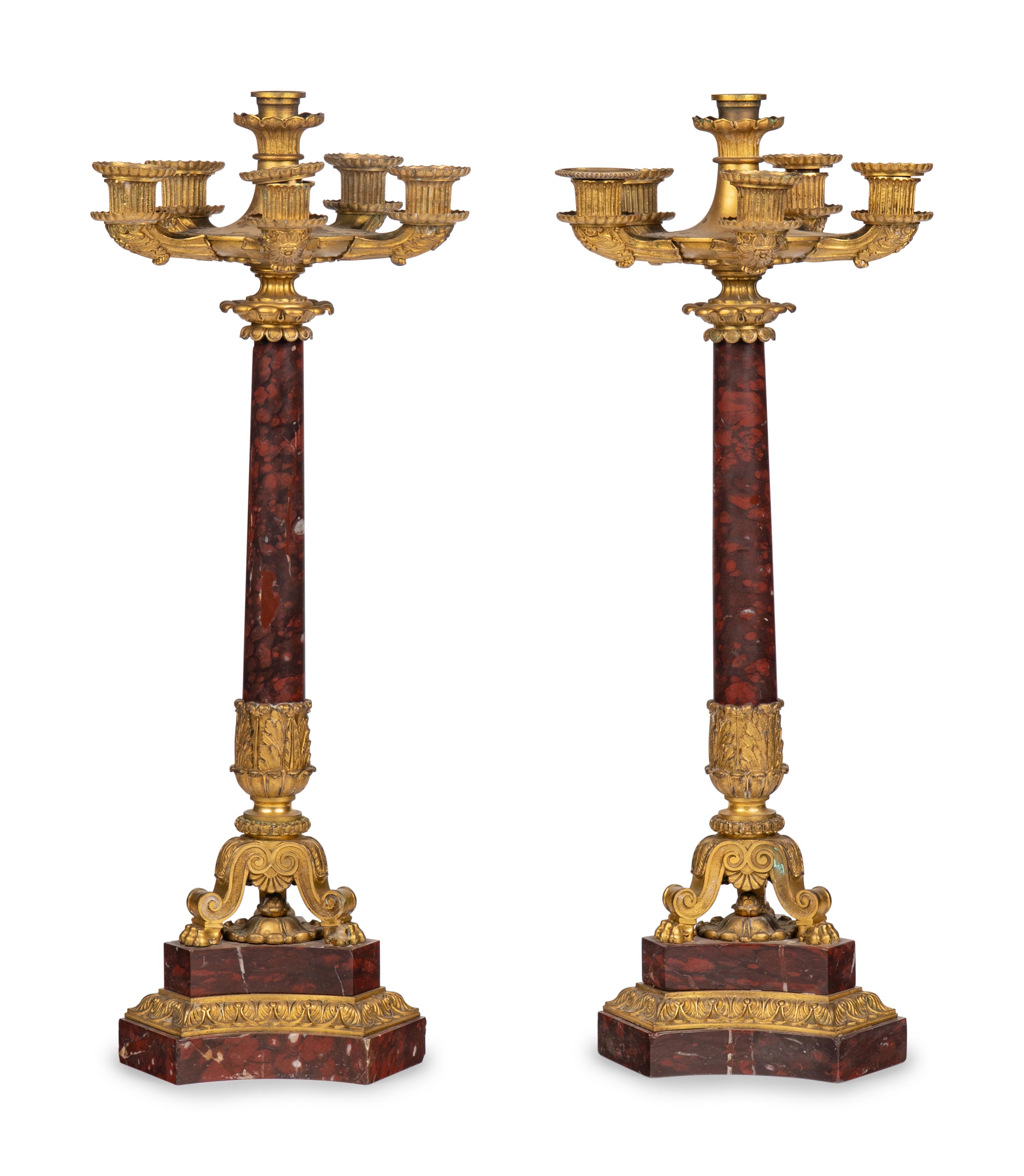 A Pair of Regency Gilt Bronze and Red Marble Five-Light Candelabra