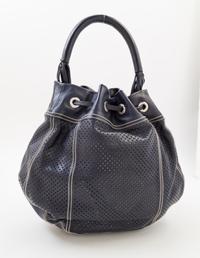 A Prada Navy Perforated Leather Bucket Bag, 13" x 12" x 4"; Handle drop: 4.5".