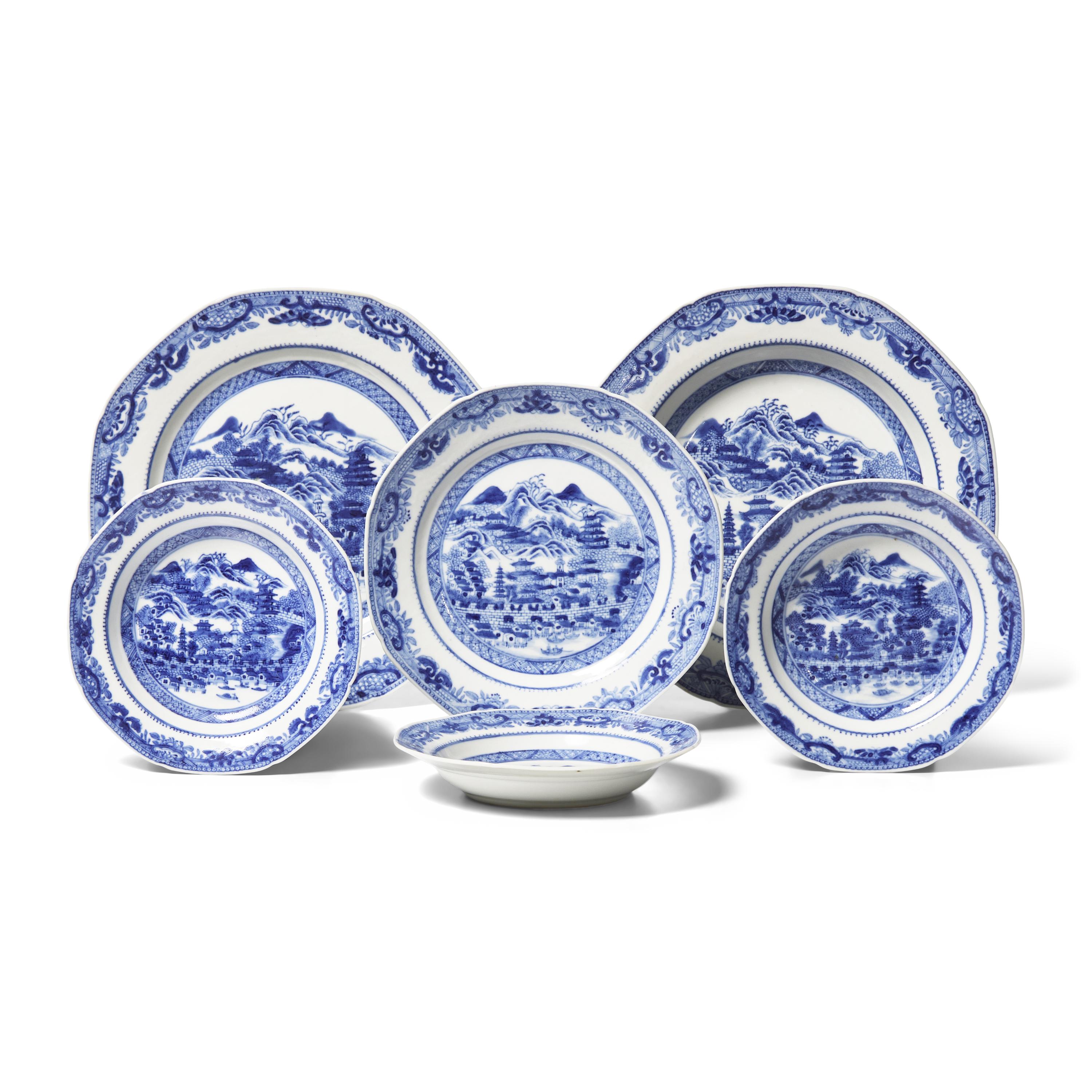 A Group of Six Chinese Export Porcelain Nanking Tablewares With Rare View of Wall of China