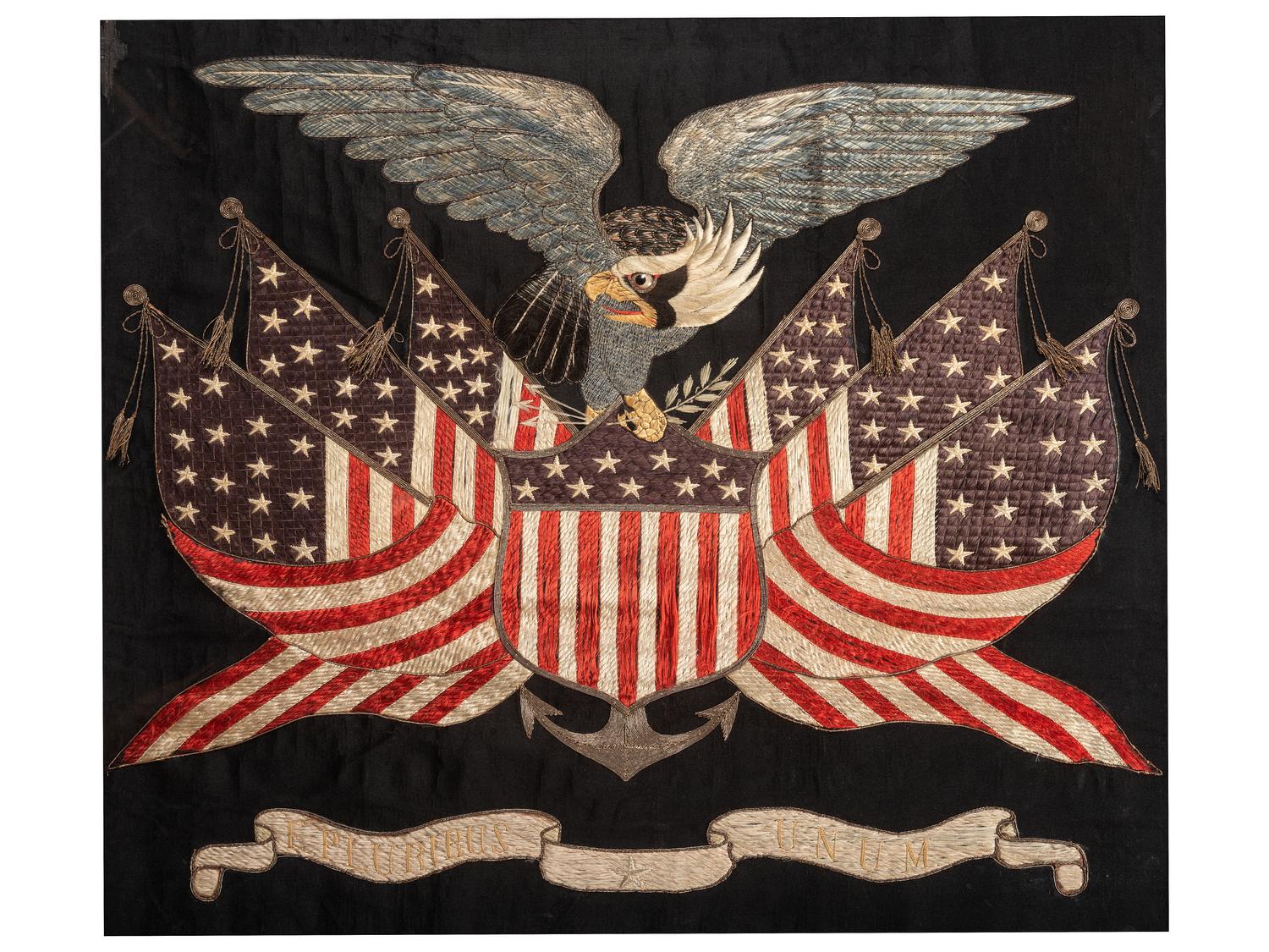 A Japanese Export Metallic and Silk Thread Embroidered Panel for the American Market