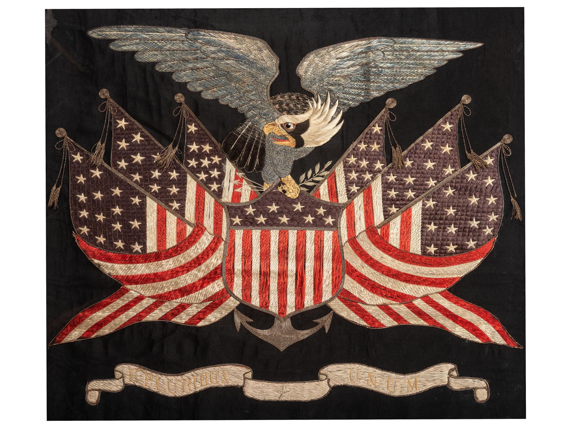 A Japanese Export Metallic and Silk Thread Embroidered Panel for the American Market