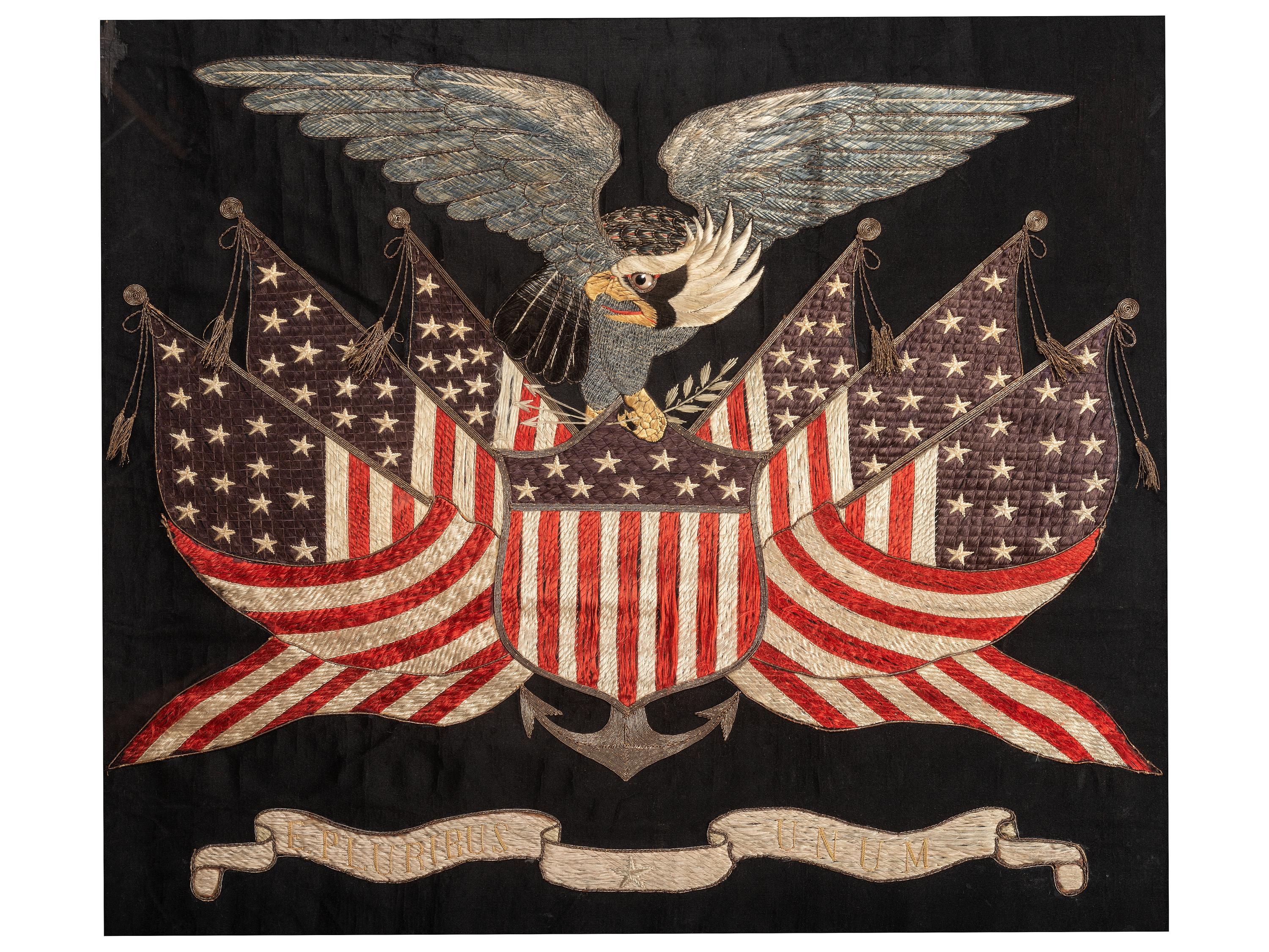 A Japanese Export Metallic and Silk Thread Embroidered Panel for the American Market
