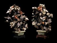 A Pair of Chinese Hardstone and Glass Plants