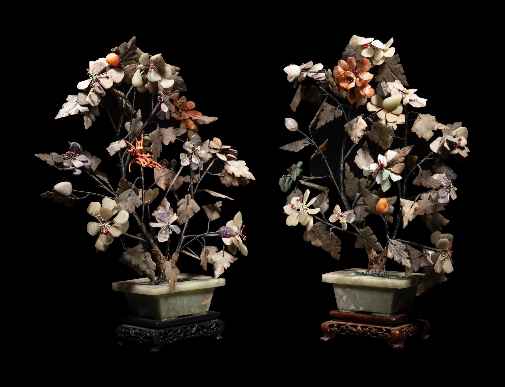 A Pair of Chinese Hardstone and Glass Plants