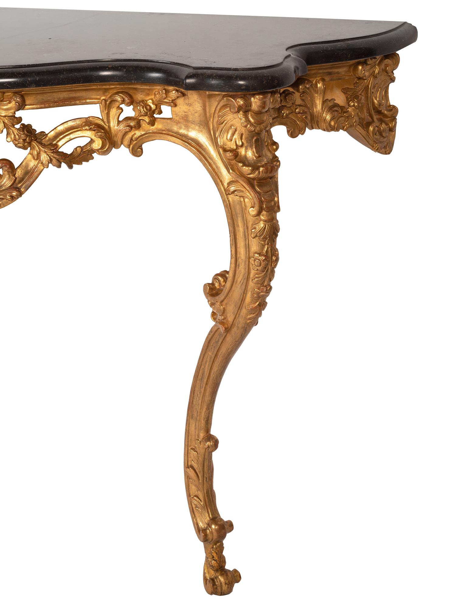 A Pair of Rococo Style Giltwood Marble Top Console Tables