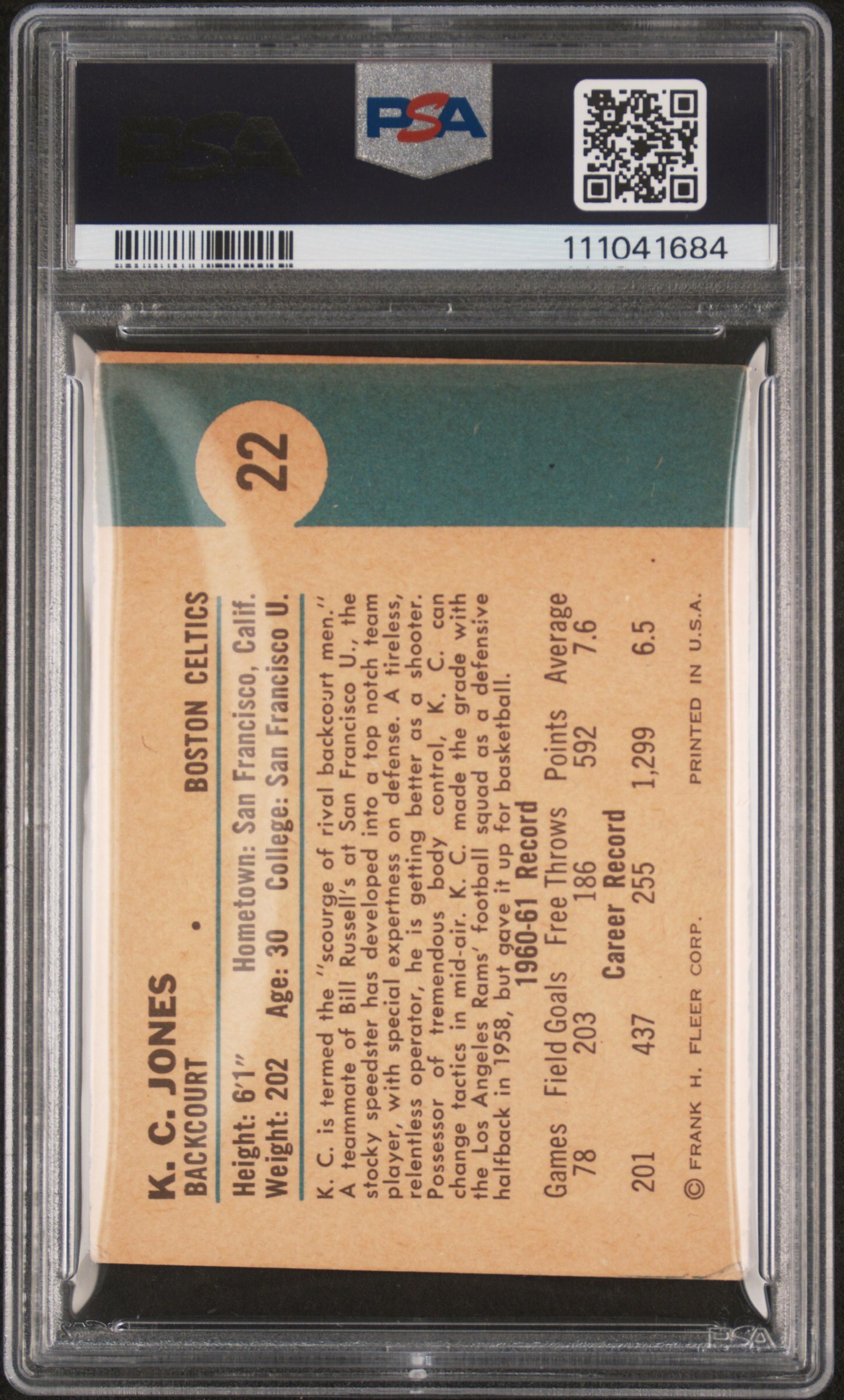 An Uncommon 1961 Fleer K.C. Jones Signed Autograph Rookie Basketball Card No. 22 (PSA 3 VG, AUTO 7)