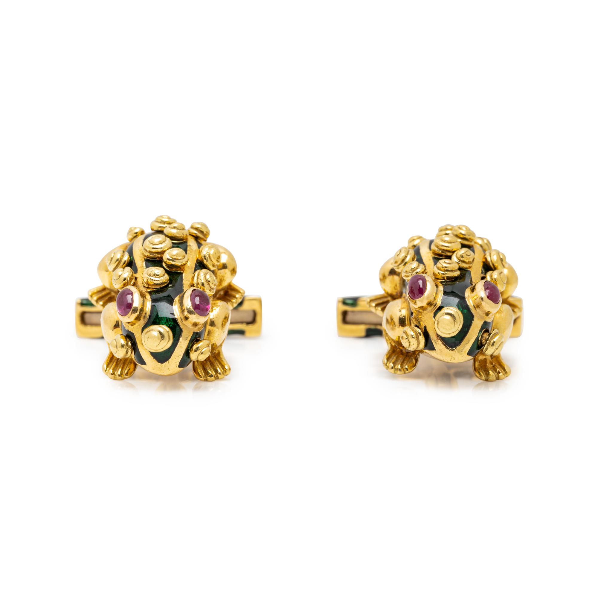 DAVID WEBB, YELLOW GOLD AND ENAMEL FROG CUFFLINKS