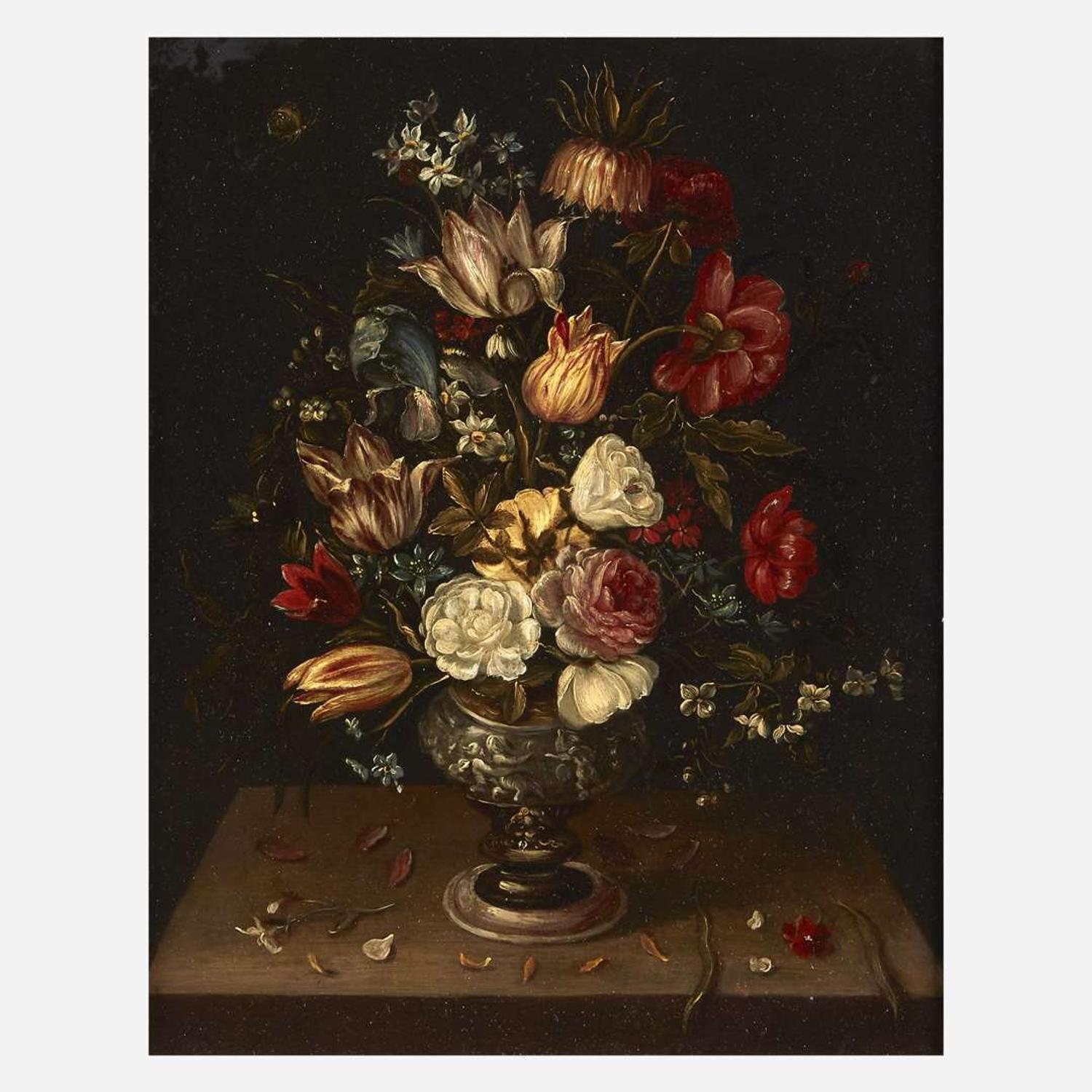 Circle of Frans Francken the Younger (Flemish, 1581–1642) A Still life of Flowers in an Urn on a Ledge; together with a companion
