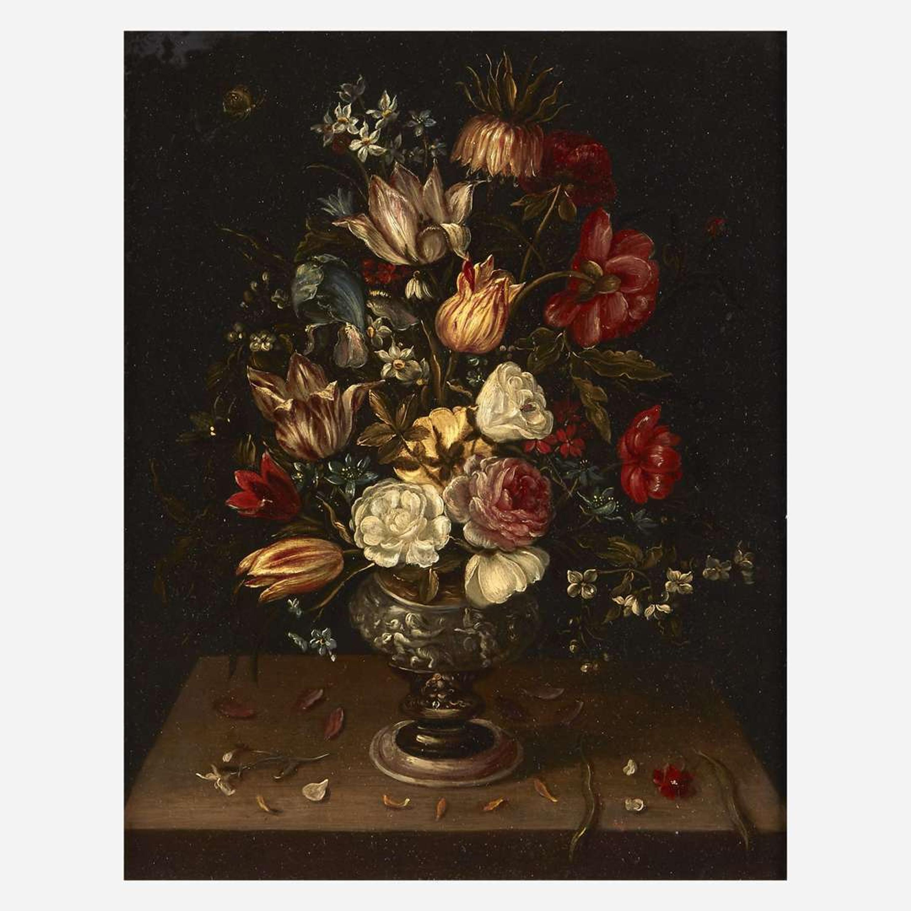 Circle of Frans Francken the Younger (Flemish, 1581–1642) A Still life of Flowers in an Urn on a Ledge; together with a companion