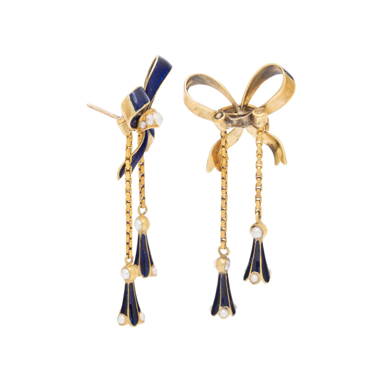 VICTORIAN, ENAMEL, SEED PEARL, AND YELLOW GOLD BOW EARRINGS