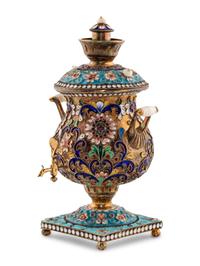 A Russian Enameled Silver Miniature Samovar