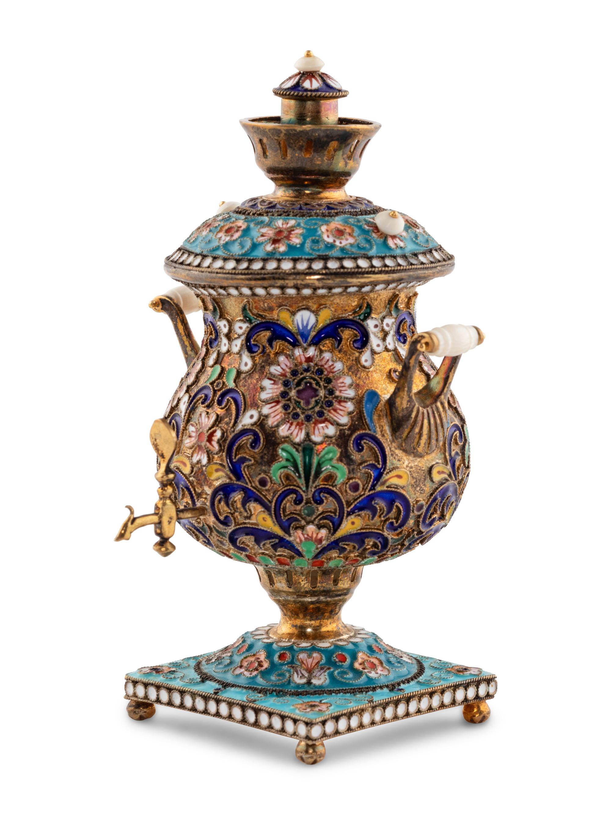 A Russian Enameled Silver Miniature Samovar