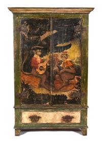 A Polychromed Two Door Armoire Height 75 x width 48 x depth 21 inches. — 20TH CENTURY