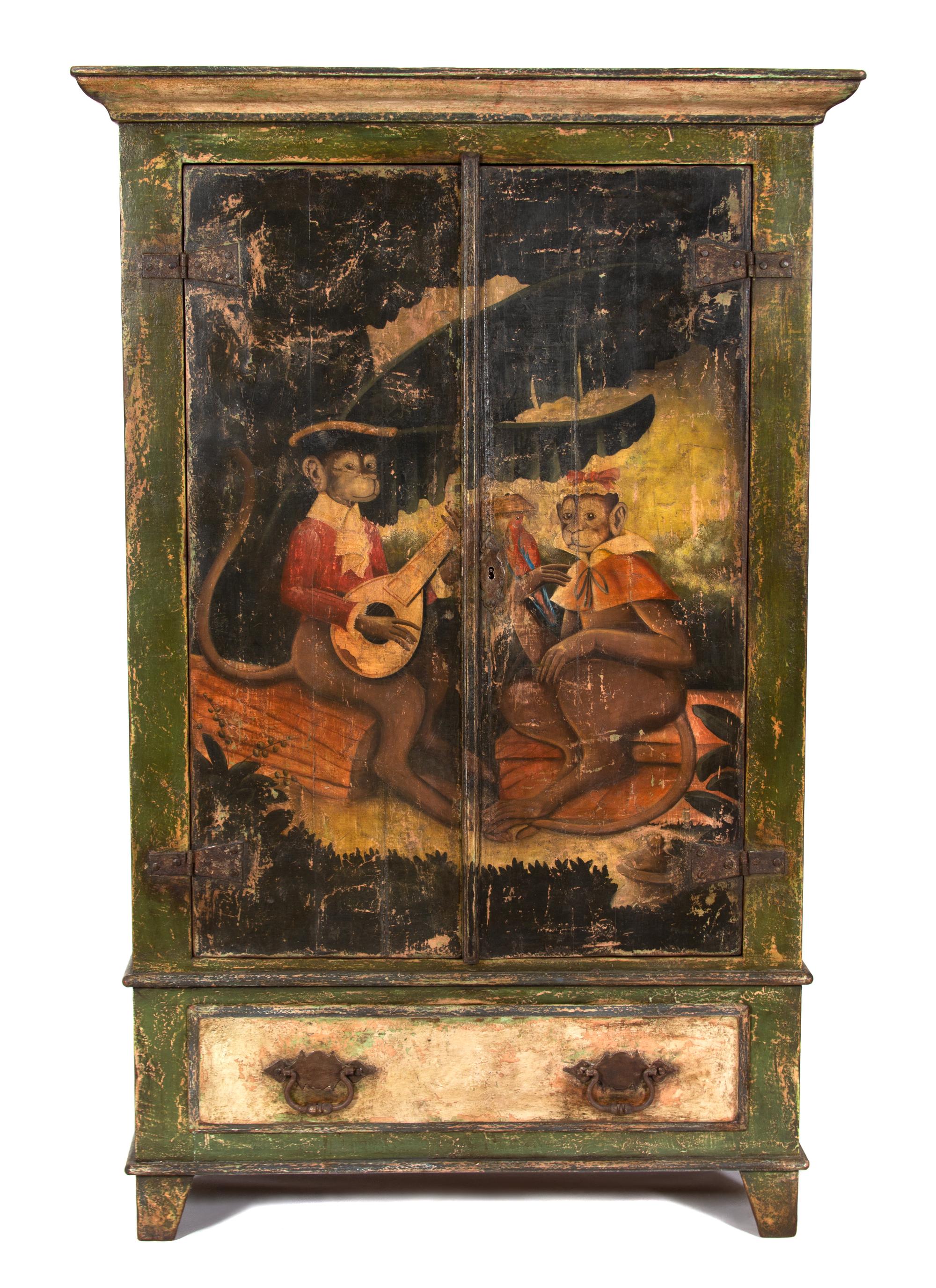 A Polychromed Two Door Armoire Height 75 x width 48 x depth 21 inches. — 20TH CENTURY