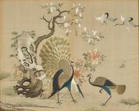A Cantonese Silk Needlework "Peacocks and Cranes" Panel, 19th Century — 清晚期 粵綉孔雀圖鏡框