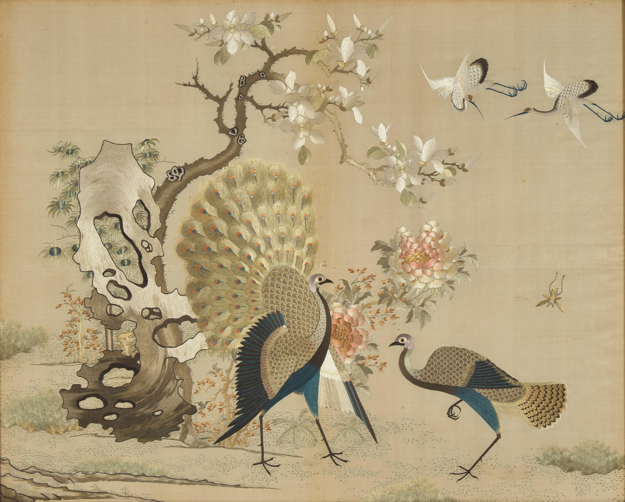A Cantonese Silk Needlework "Peacocks and Cranes" Panel, 19th Century — 清晚期 粵綉孔雀圖鏡框