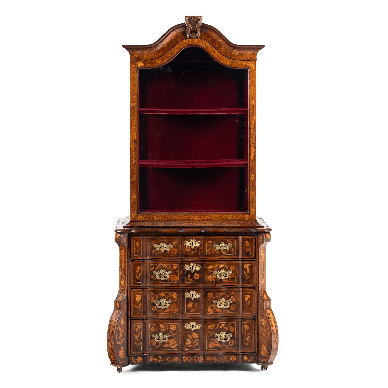 A Dutch Marquetry Bookcase on Chest