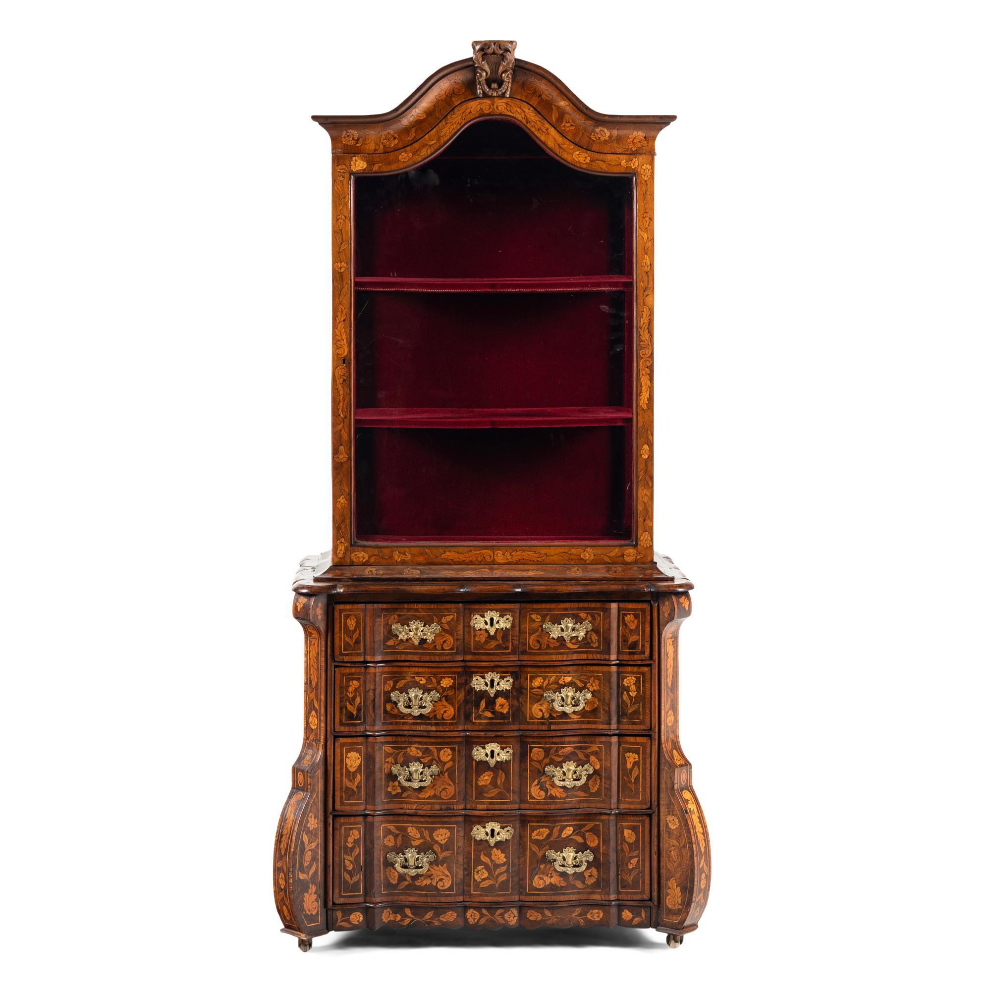 A Dutch Marquetry Bookcase on Chest