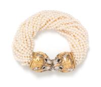 An 18 Karat Gold, Diamond, Sapphire and Cultured Pearl Multistrand Bracelet, 48.50 dwts.