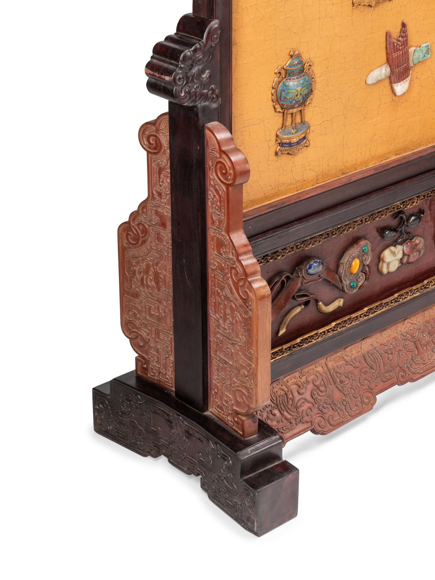 A Pair of Large Chinese Export Cloisonné and Hardstone-Mounted Floor Screens