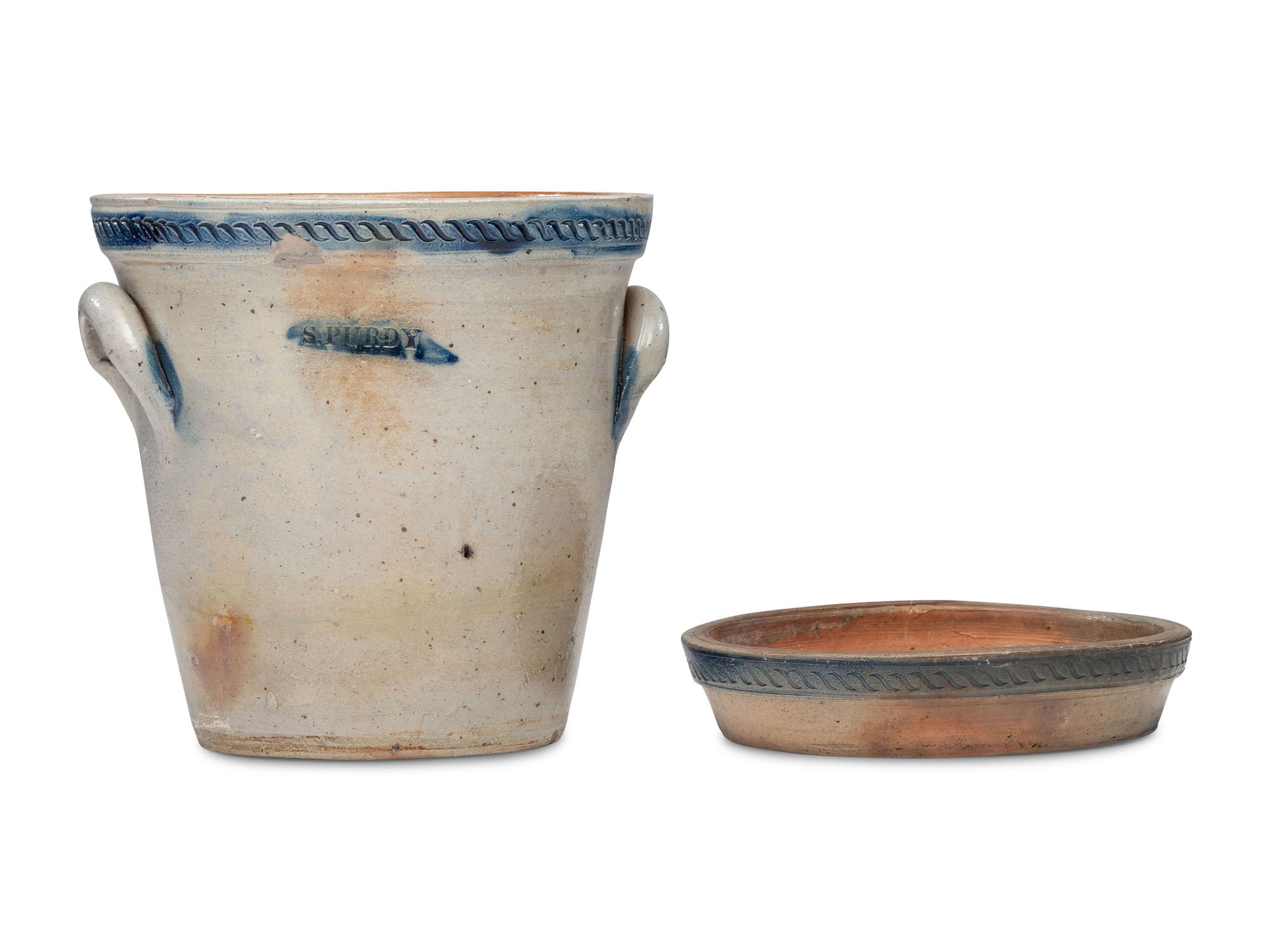 A Rare Zoar Cobalt Decorated and Incised Stoneware Flowerpot