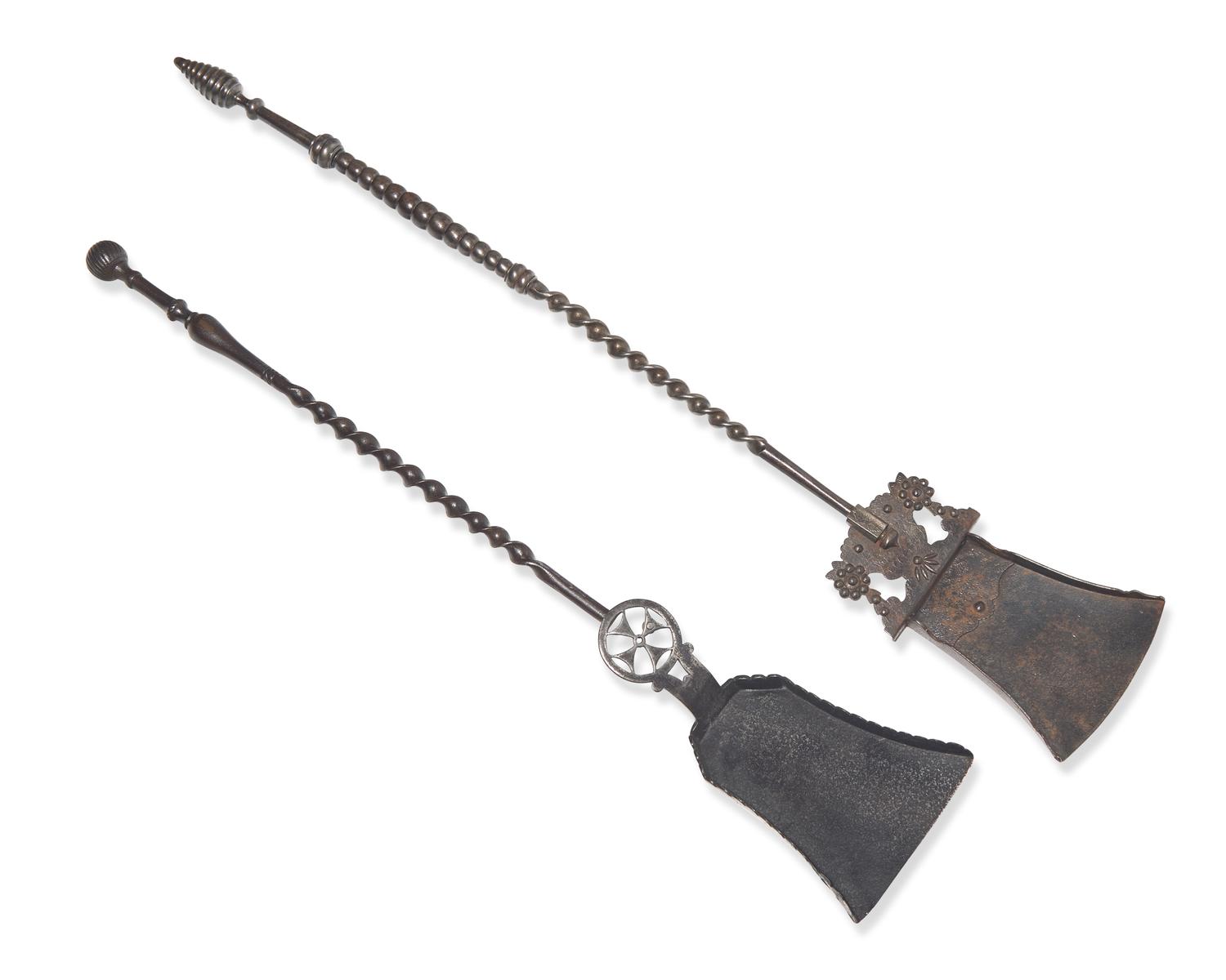 Two Wrought and Sheet Iron Ash Shovels, Probably French, 18th / 19th Century