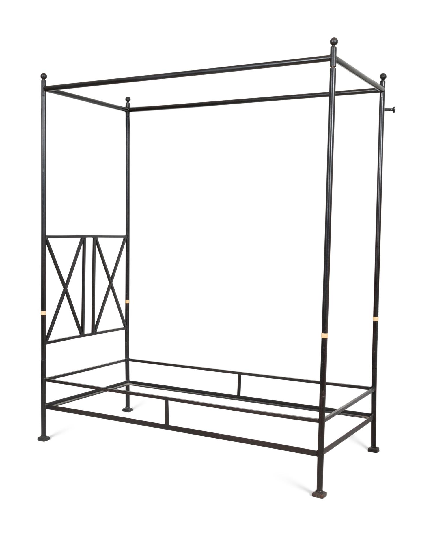 A Pair of Bronzed Metal Twin Four Poster Beds with Bed Hangings