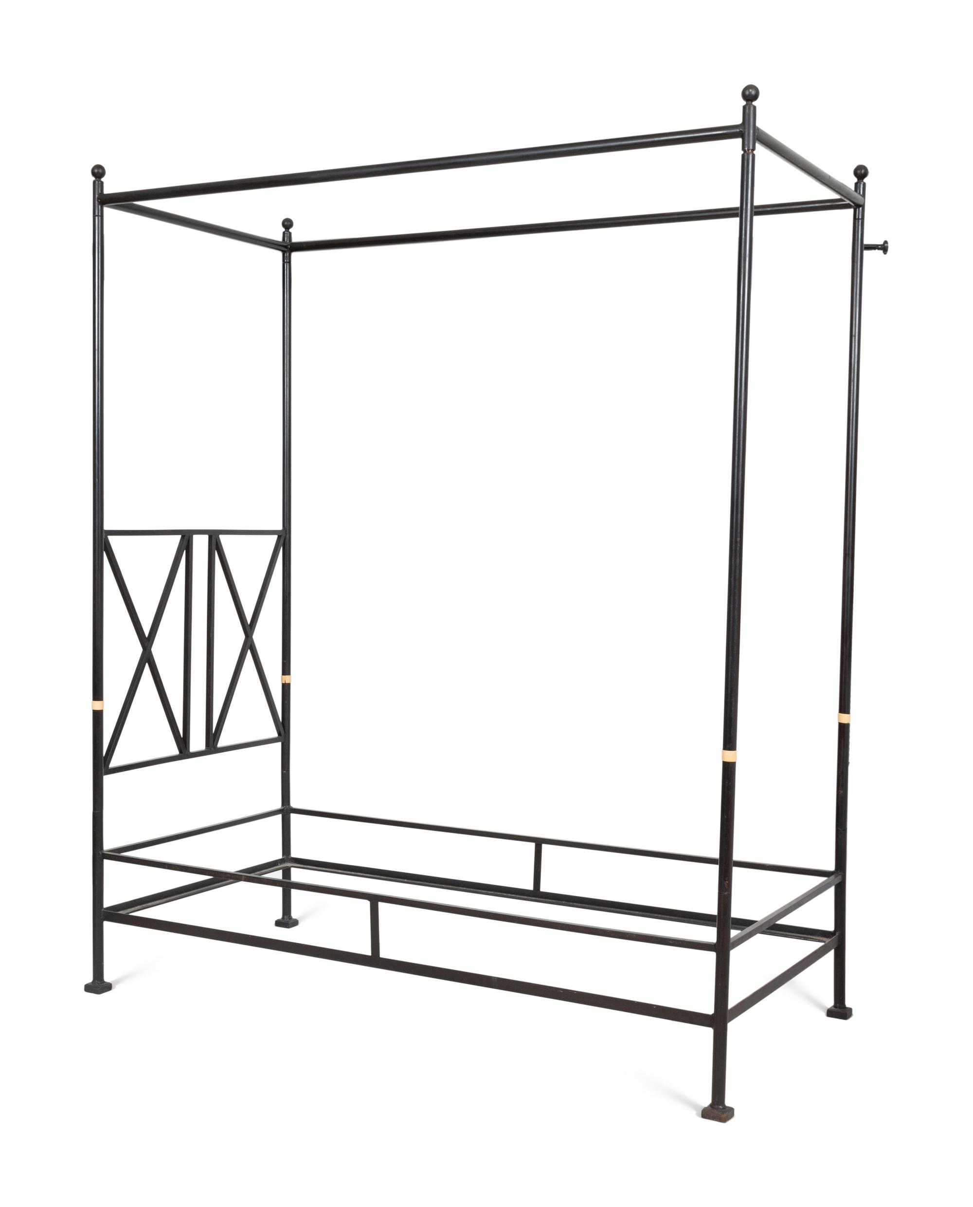 A Pair of Bronzed Metal Twin Four Poster Beds with Bed Hangings