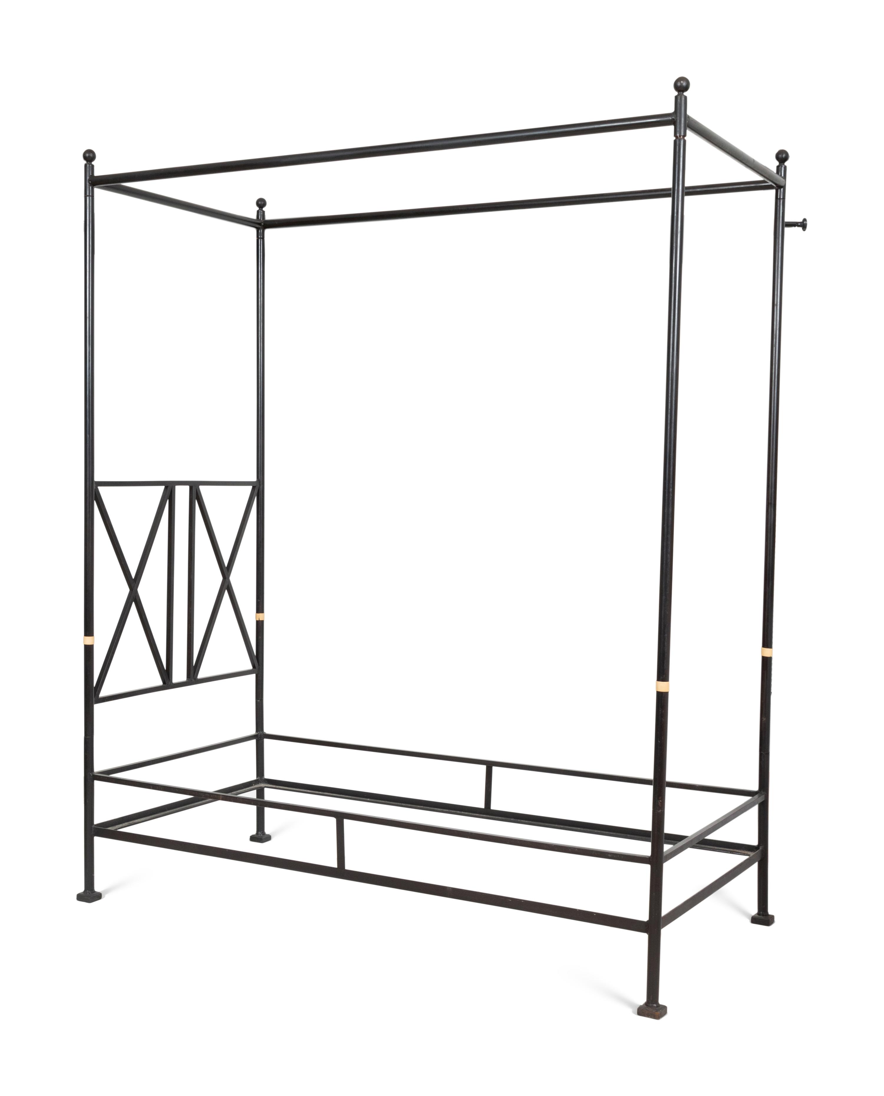 A Pair of Bronzed Metal Twin Four Poster Beds with Bed Hangings