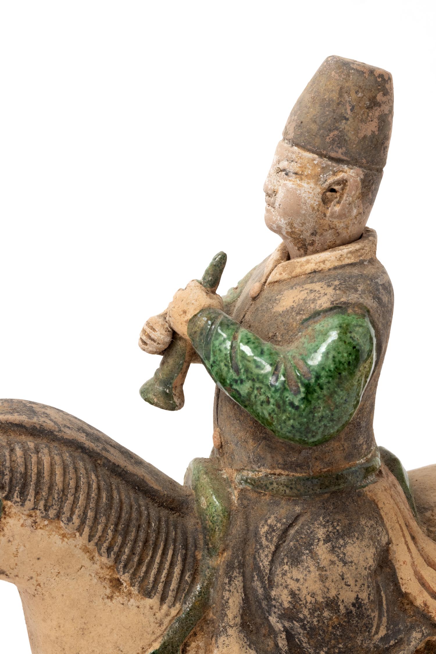 A Pair of Chinese Sancai Glazed Mounted Musician Burial Figures