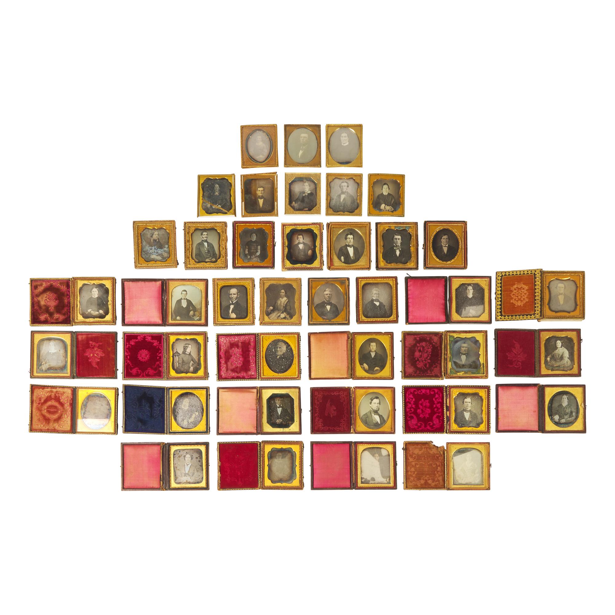 [Early Photography] Group of 43 Sixth Plate Daguerreotypes of Men and Women.