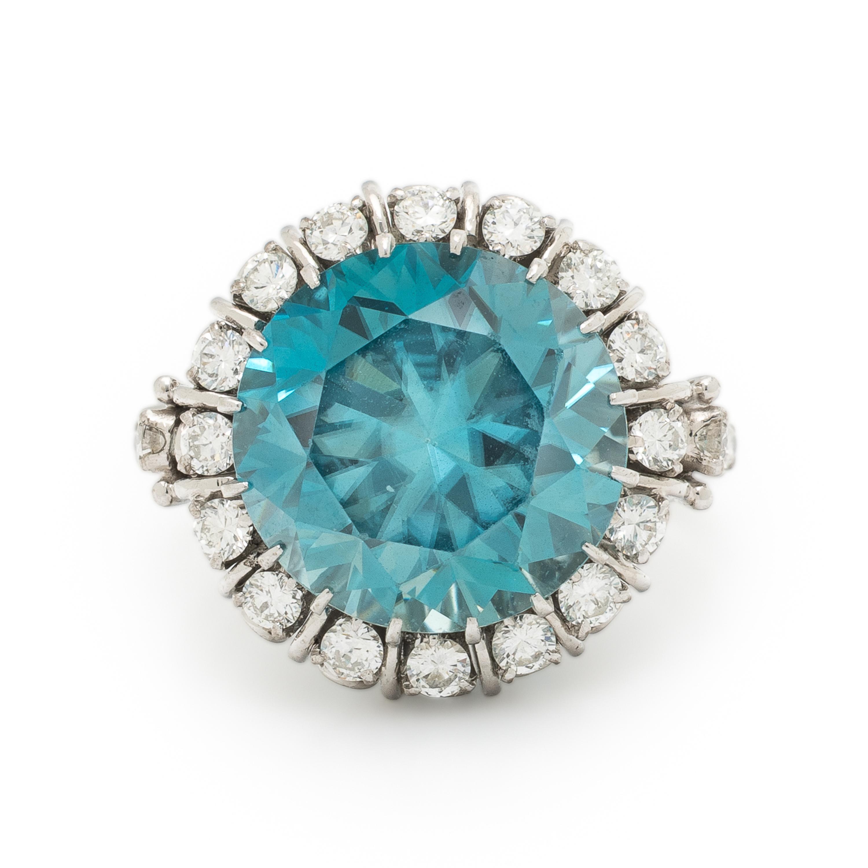 Blue Zircon, Diamond, and White Gold Ring