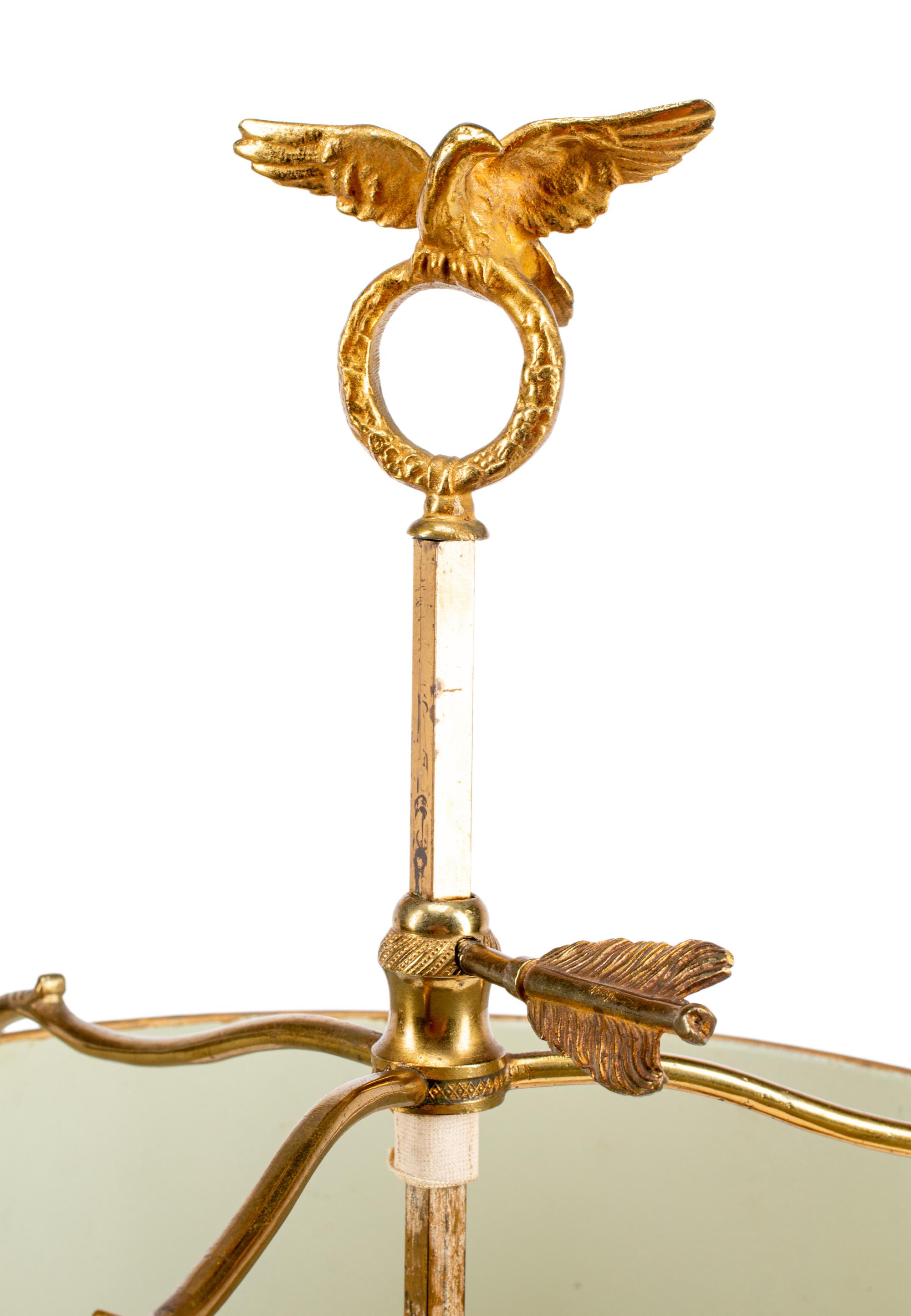 A Pair of Empire Style Brass Bouillotte Lamps with Tole Shades